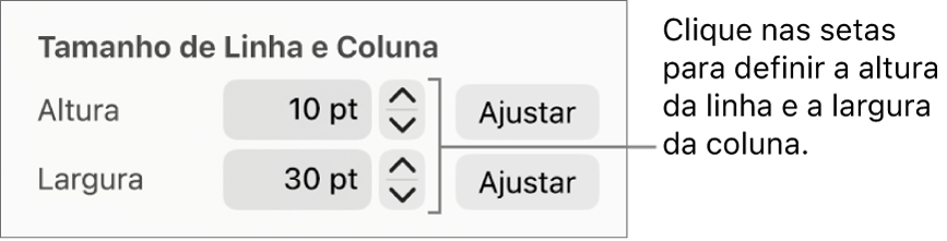 Controles para definir um tamanho exato de linha ou coluna.