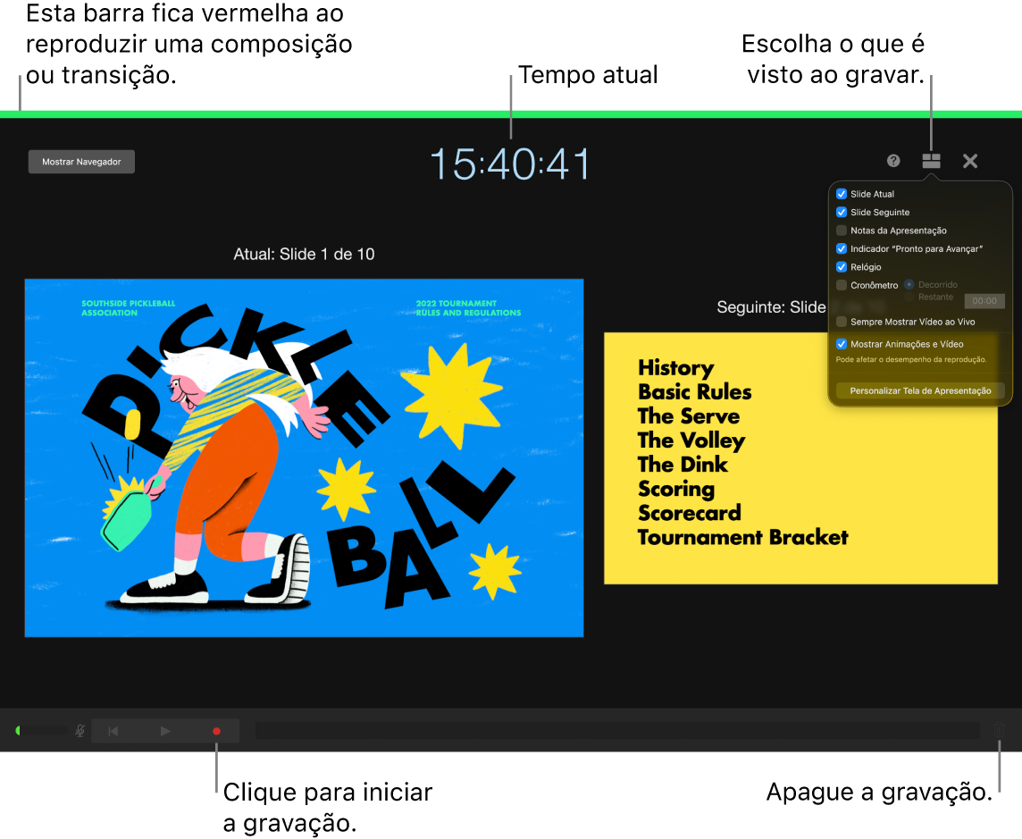 Captura de tela do modo de gravação de voz na tela do apresentador. O slide atual e o seguinte, a hora atual e os controles da tela do apresentador estão visíveis. O controle para iniciar e terminar a gravação e o controle para apagar a gravação aparecem próximos à parte inferior da tela.