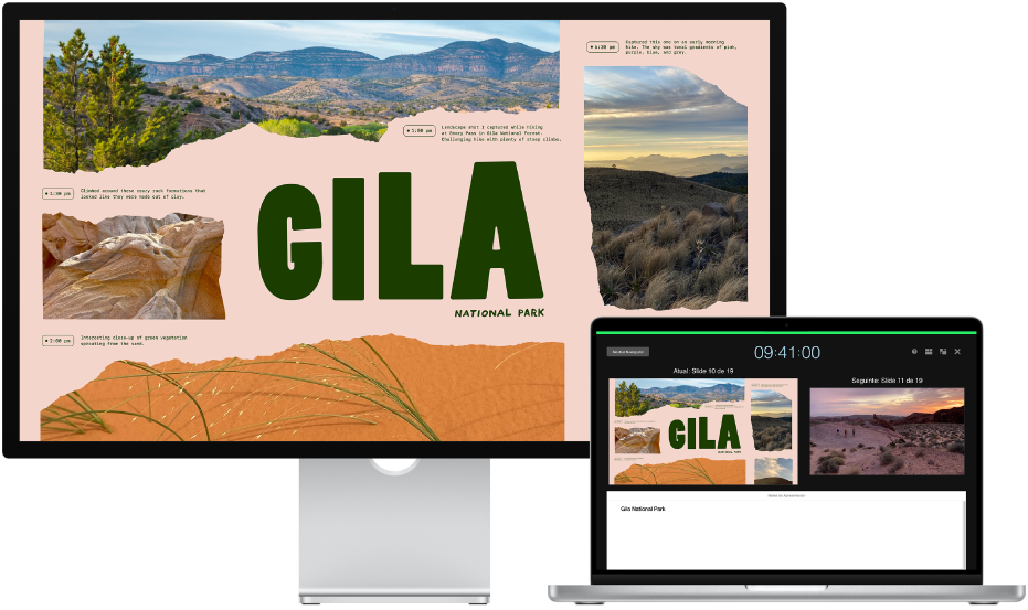 Uma tela ao lado de um laptop Mac. Uma apresentação está sendo exibida em tela cheia. Na tela do Mac, o monitor do apresentador está aberto.