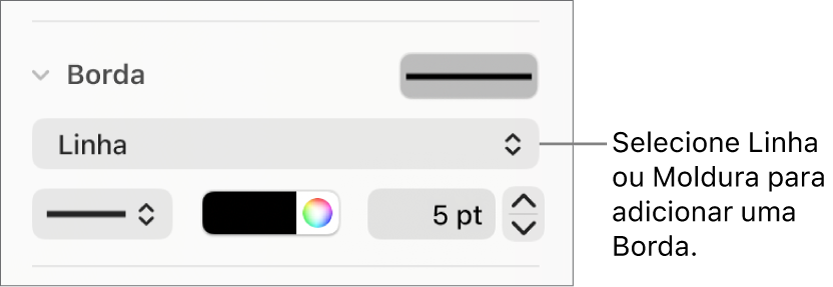 Controles de estilo de Borda na barra lateral Formatar com a opção Linha selecionada como tipo de borda.