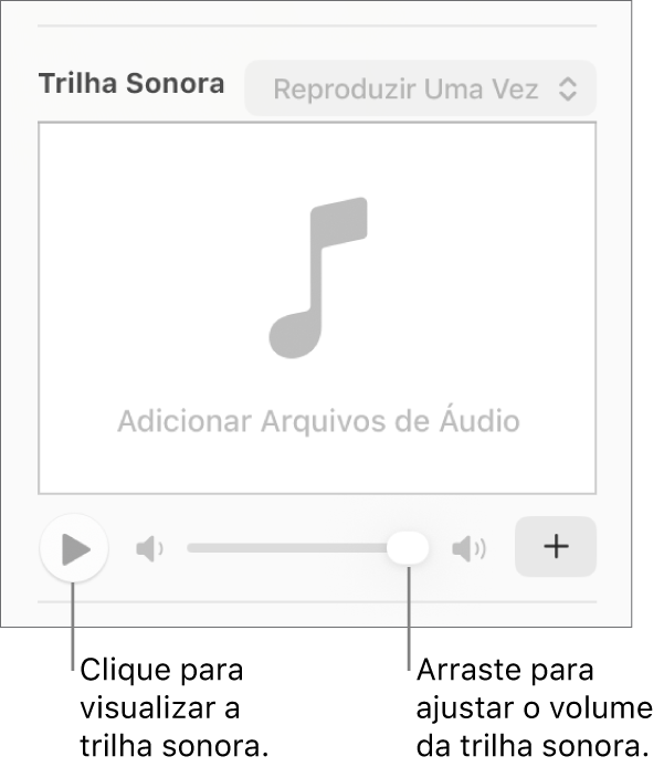 Controles de Trilha Sonora com o botão Reproduzir e o controle de volume em destaque.