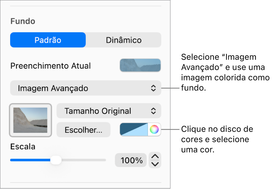Controles de Fundo com uma cor de tonalidade de “Preenchimento com Imagem Avançado” definida como fundo do slide.