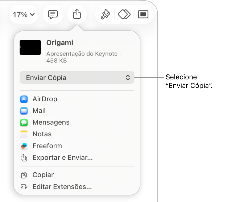 Menu Compartilhar com “Enviar Cópia” selecionado na parte superior.
