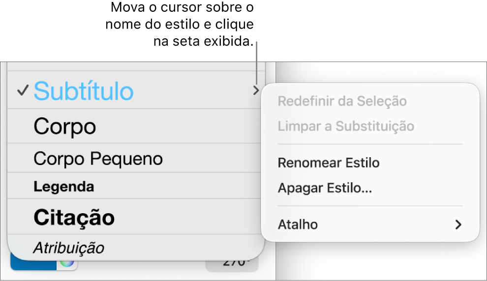 Menu Estilos de Parágrafo com o menu de atalhos aberto.