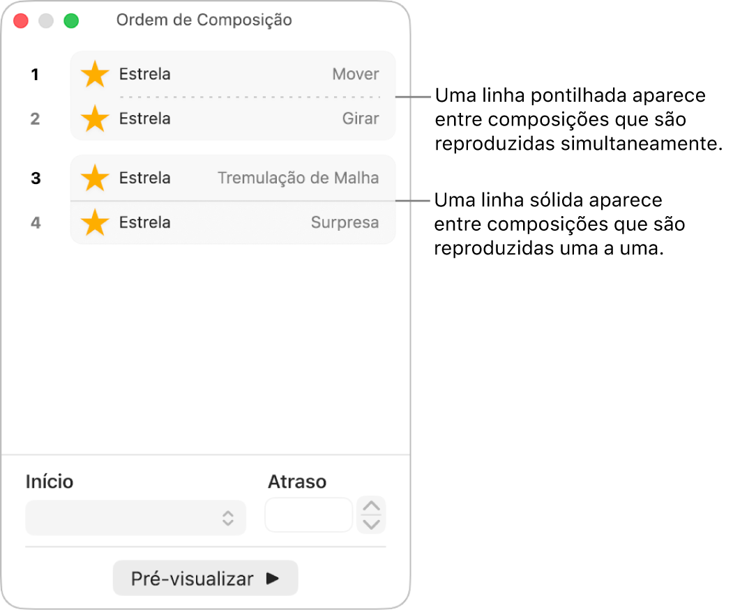 Menu “Ordem de Composição”, com uma linha pontilhada aparecendo entre composições reproduzidas simultaneamente e uma linha sólida entre composições reproduzidas uma a uma.