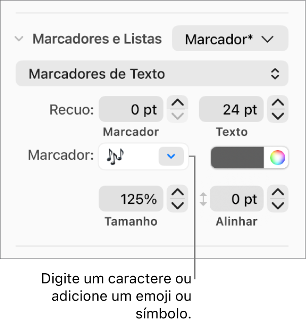 Seção “Marcadores e Listas” da barra lateral Formatar. O campo Marcador mostra um emoji de flor.