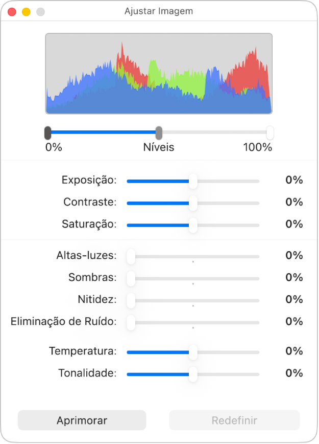 Janela Ajustar Imagem com controles deslizantes para ajuste de exposição, contraste, saturação, altas-luzes, sombras, nitidez, redução de ruído, temperatura e tonalidade.