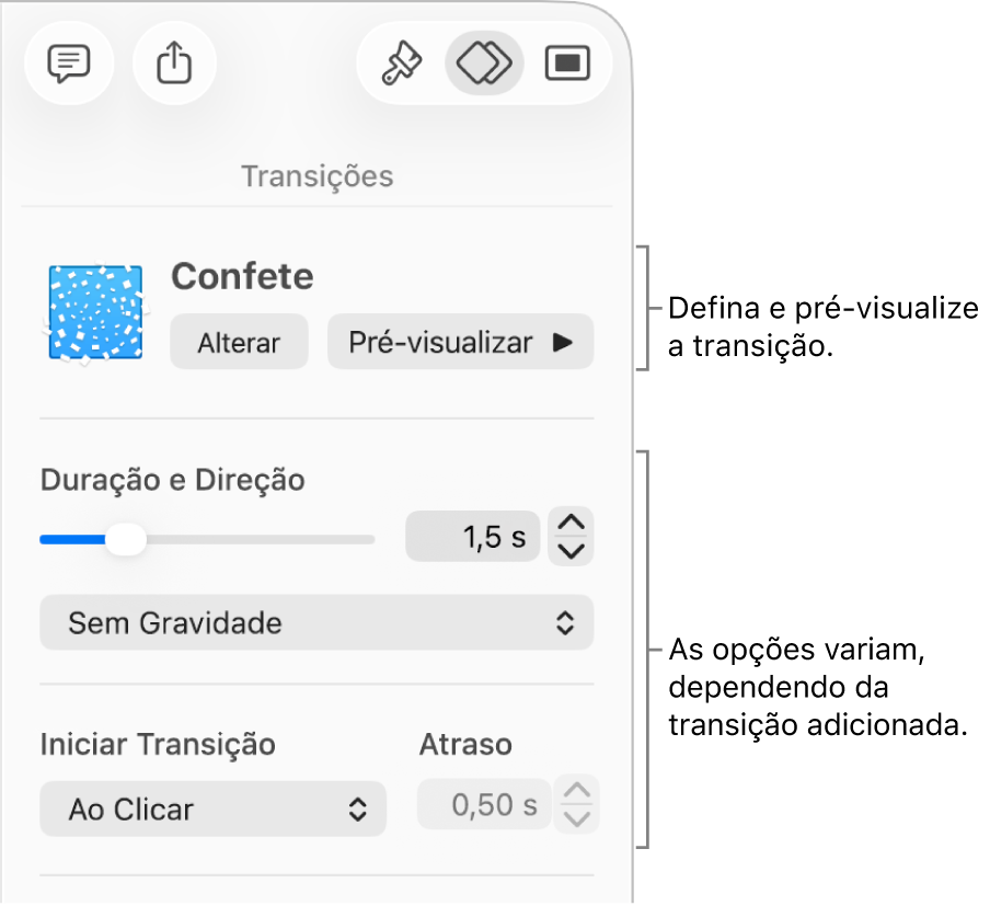 Controles de transição na seção Transições da barra lateral.