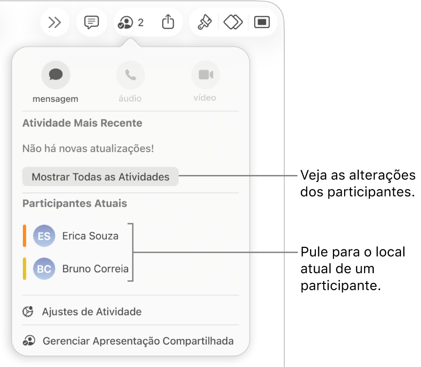 Menu de colaboração com dois participantes atuais listados.