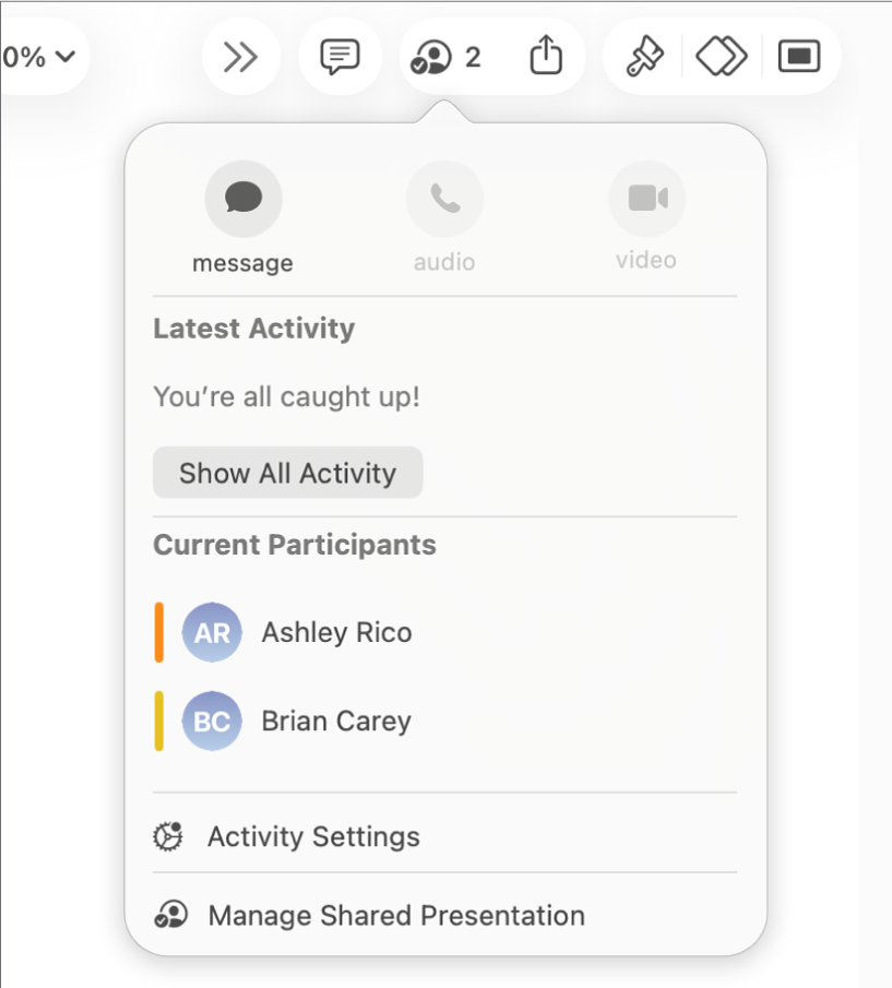 O menu de colaboração a apresentar os nomes das pessoas que estão a colaborar na apresentação.