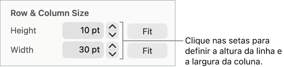 Os controlos para definir um tamanho exato de linha ou coluna.