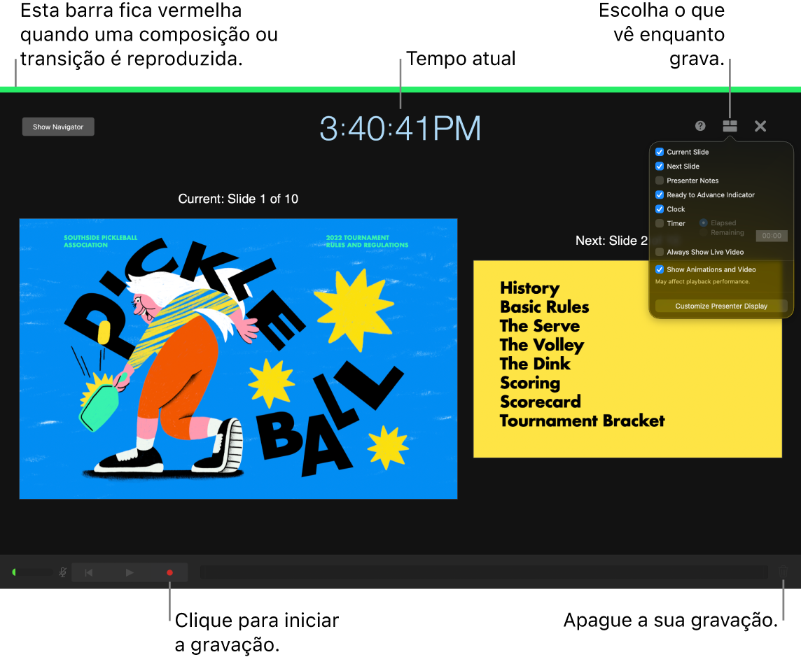 Captura de ecrã do modo de gravação de voz no ecrã do apresentador. O diapositivo atual e seguinte, o tempo atual e os controlos do ecrã do apresentador estão visíveis. O controlo para iniciar e terminar a gravação e o controlo para apagar a gravação aparecem perto da parte inferior do ecrã.