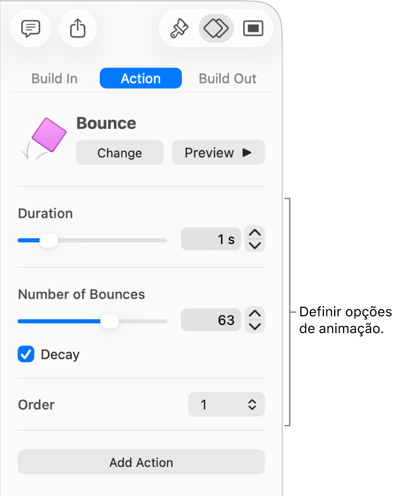 Controlos de ação na secção “Animação” da barra lateral.