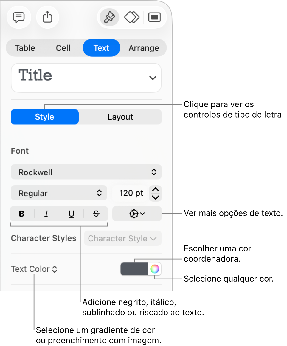Os controlos para o estilo do texto de uma tabela.