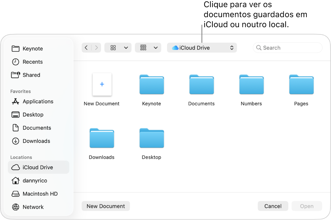 A caixa de diálogo Abrir com a barra lateral aberta à esquerda e iCloud Drive selecionado no menu pop-up na parte superior. As pastas para Keynote, Numbers e Pages aparecem na caixa de diálogo juntamente com um botão “Novo documento”.