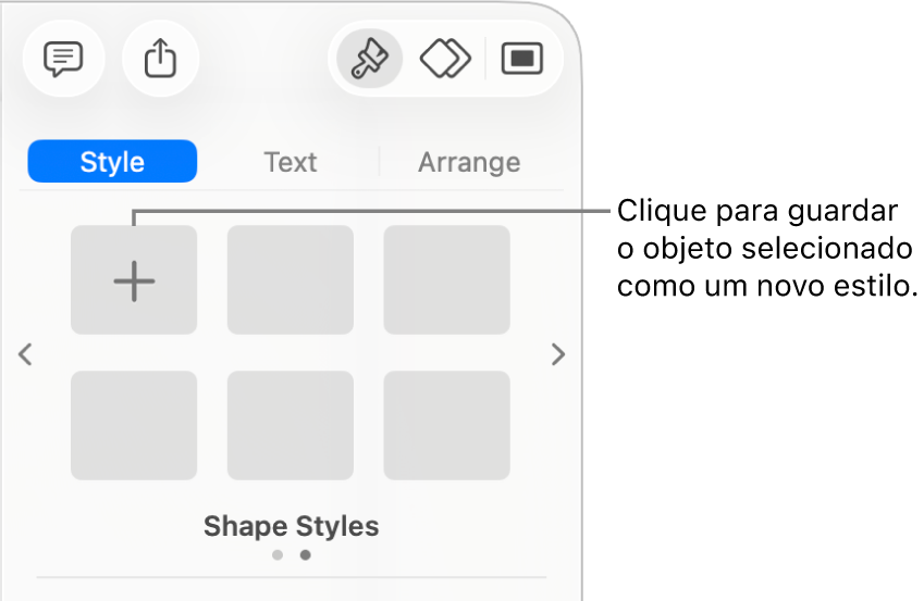 O separador “Estilo” da barra lateral “Formatação” com um estilo de caixa de texto, um botão “Criar estilo” à direita dele e quatro marcadores de posição de estilo vazios.