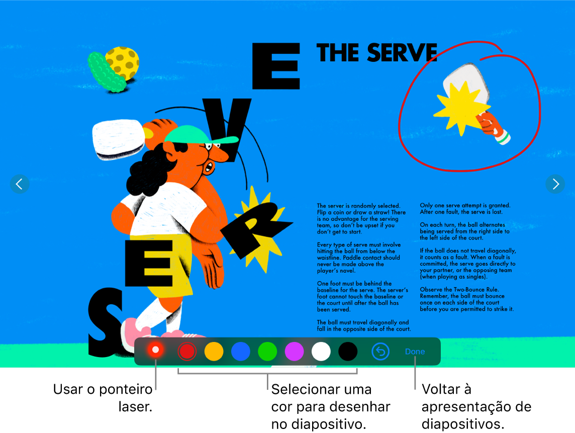 Um diapositivo no modo de ilustração de diapositivos com o ponteiro laser e os controlos de seleção de cor.