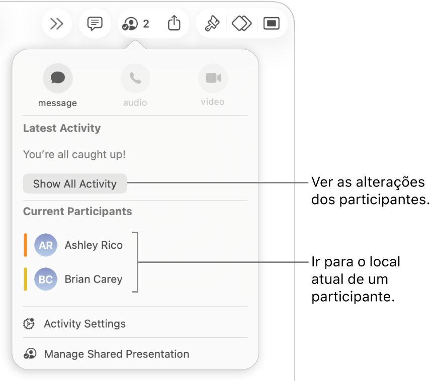 O menu de colaboração com dois participantes atuais listados.