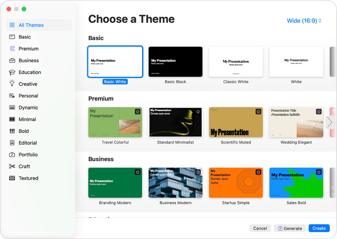 A lista de temas. Uma barra lateral à esquerda lista as categorias do tema onde pode clicar para filtrar opções. À direita encontram-se as miniaturas de temas preconcebidos organizados em linhas por categoria. O botão de tamanho do tema encontra-se no canto superior direito, onde pode definir o formato “Padrão” ou “Panorâmico”. Os botões “Cancelar” e “Criar” estão no canto inferior direito.