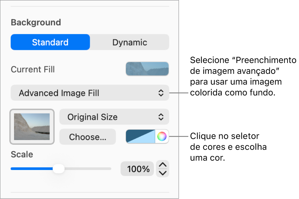 Os controlos de fundo, com uma Imagem e cor (avançado) com filtro de cor definida como o fundo do diapositivo.