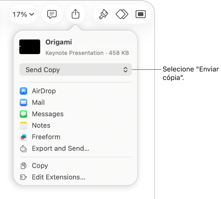 O menu “Partilhar” com “Enviar cópia” selecionada na parte superior.