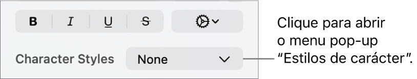 O menu pop-up “Estilos de carácter” por baixo dos controlos para alterar o estilo e cor.