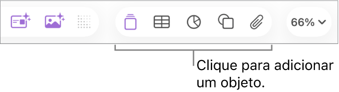 A barra de ferramentas do Keynote com os botões “Tabela”, “Gráfico”, “Texto”, “Forma” e “Multimédia”.