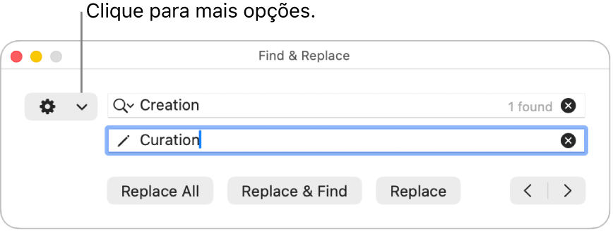 A janela “Procurar e substituir” com uma chamada para o menu pop-up que mostra mais opções.