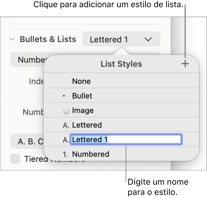 O menu pop-up “Estilos de lista” com um botão “Adicionar” no canto superior direito e um nome de estilo do marcador de posição com o respetivo texto selecionado.