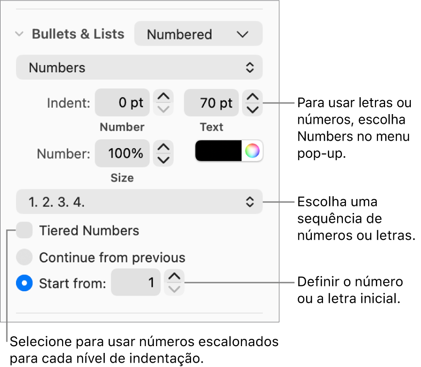 Controlos para alterar o estilo de número e o espaçamento de uma lista.