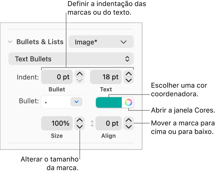 A secção “Marcas e listas” com chamadas para os controlos de indentação de texto e marcas, bem como cor, tamanho e alinhamento das marcas.
