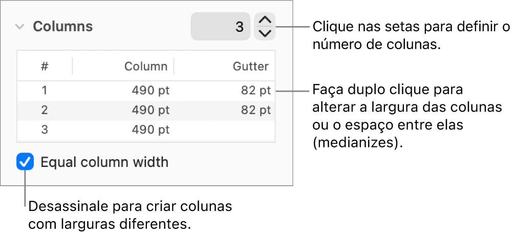 Os controlos na secção colunas para alterar o número de colunas e a largura de cada coluna.