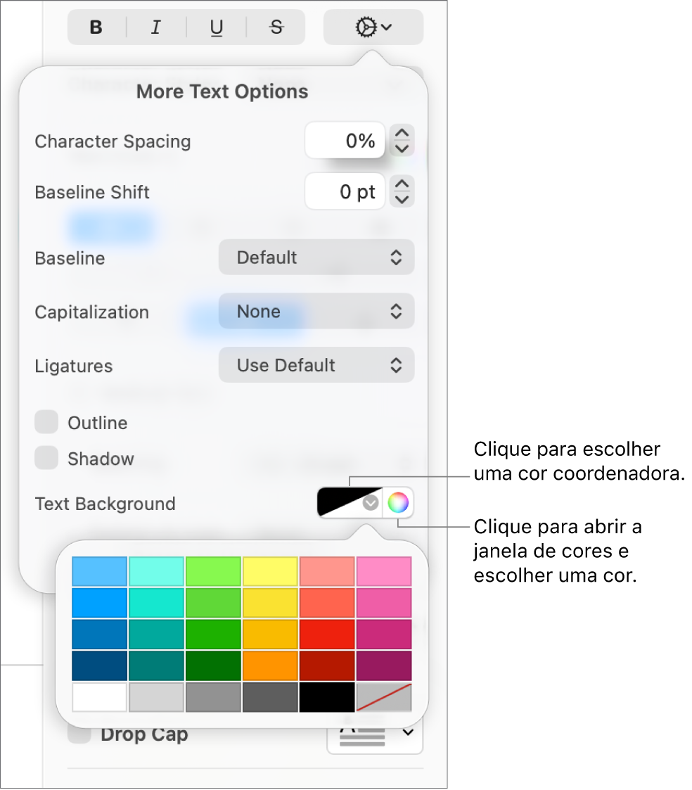 Controlos para escolher uma cor de fundo do texto.