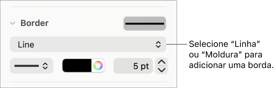 Os controlos de estilo de borda na barra lateral “Formatação” com “Linha” selecionada como o tipo de borda.