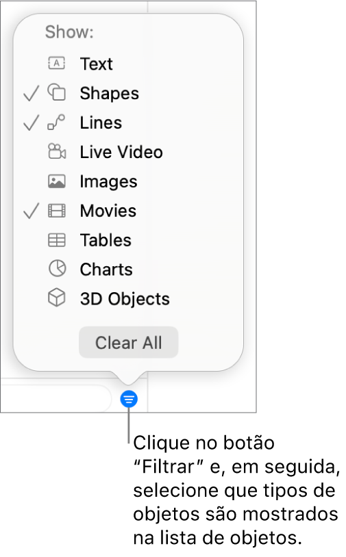 O menu pop-up “Filtro” aberto, com uma lista dos tipos de objetos que a lista pode incluir (texto, formas, linhas, imagens, filmes, tabelas e gráficos).
