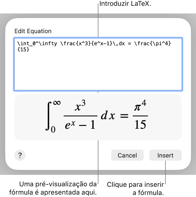 A fórmula quadrática escrita com recurso a LaTeX no campo da Equação e uma pré-visualização da equação em baixo.