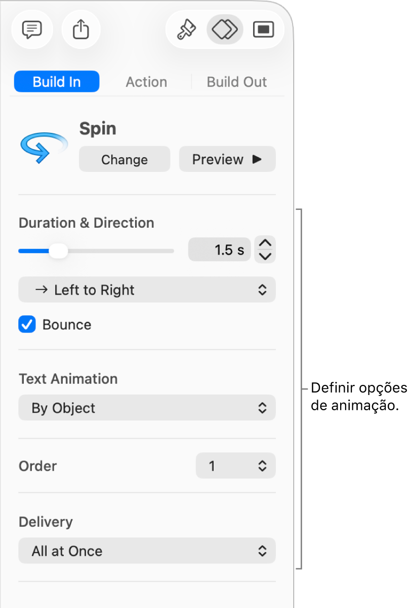 Opções de “Entrada” na secção “Animação” da barra lateral.