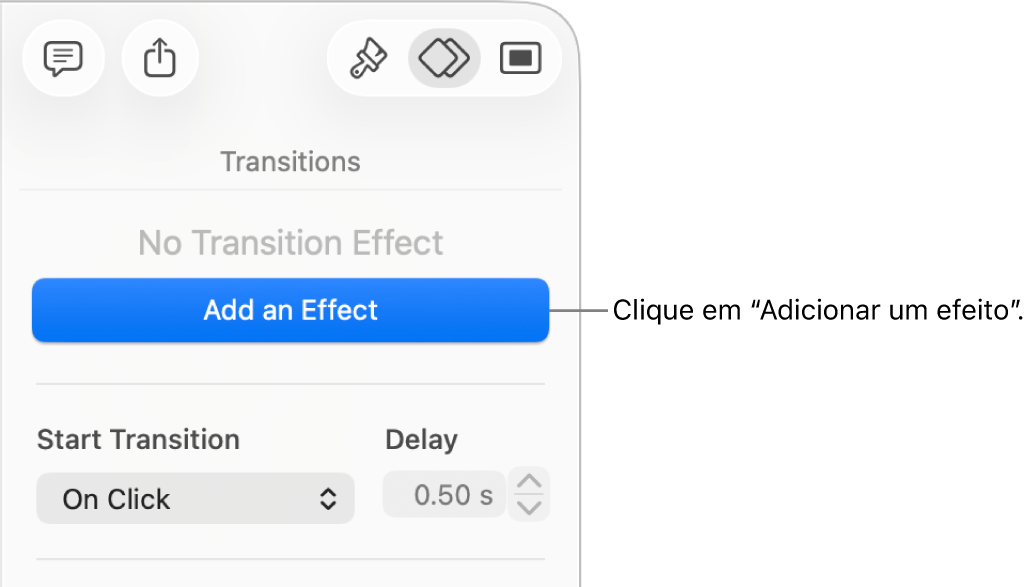 Botão “Adicionar um efeito” na secção “Animação” da barra lateral.