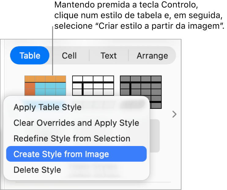 Menu de atalhos de estilo de tabela.