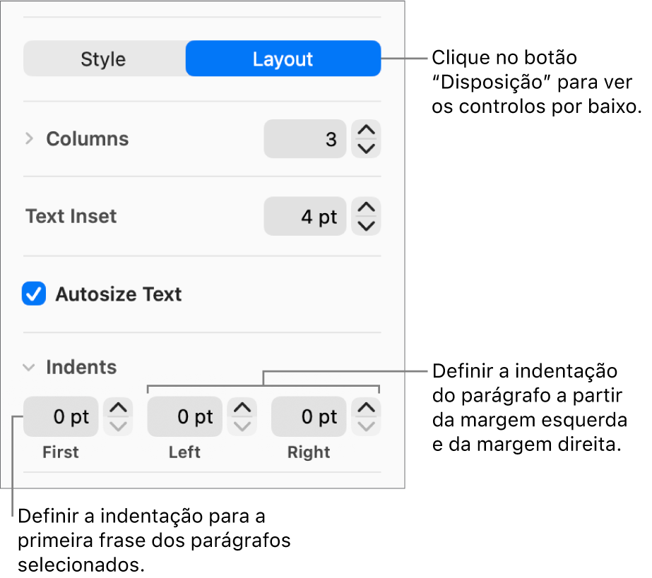 A secção "Disposição” da barra lateral “Formatação” a mostrar controlos para definir a indentação da primeira linha e as margens de parágrafo.