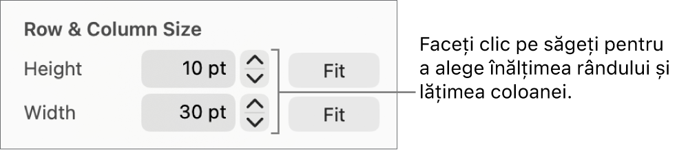 Comenzile pentru setarea unei dimensiuni precise a rândului sau coloanei.
