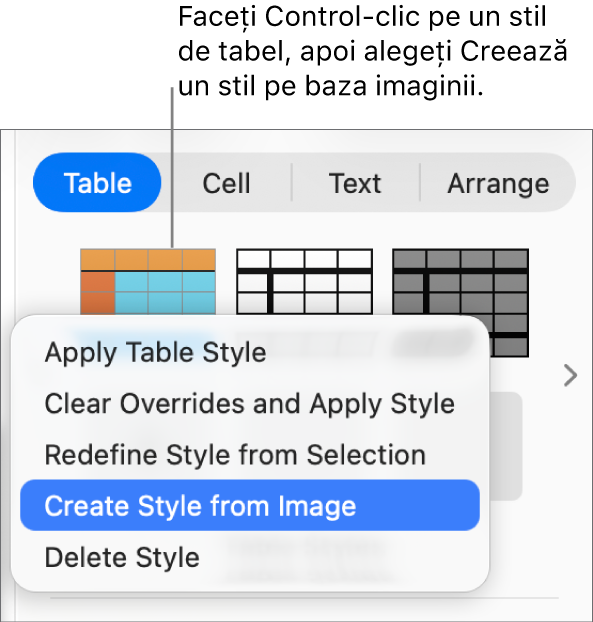 Meniul de scurtături al stilului de tabel.