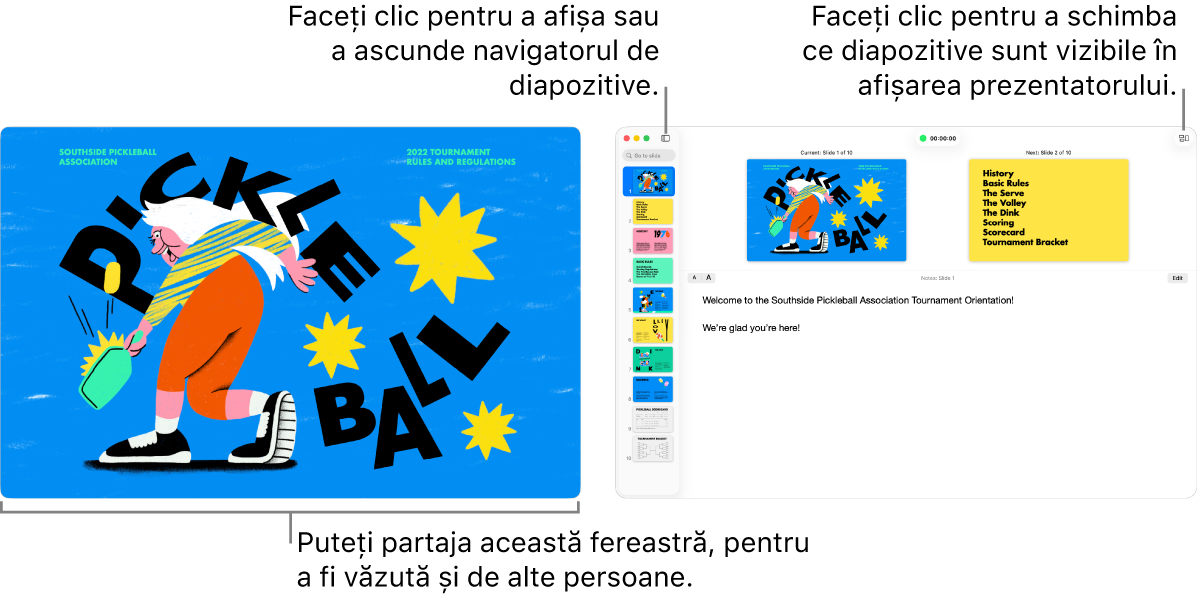 O prezentare Keynote afișată într-o fereastră, cu ecranul prezentatorului în altă fereastră, care conține navigatorul de diapozitive, notițele prezentatorului și previzualizarea diapozitivului.