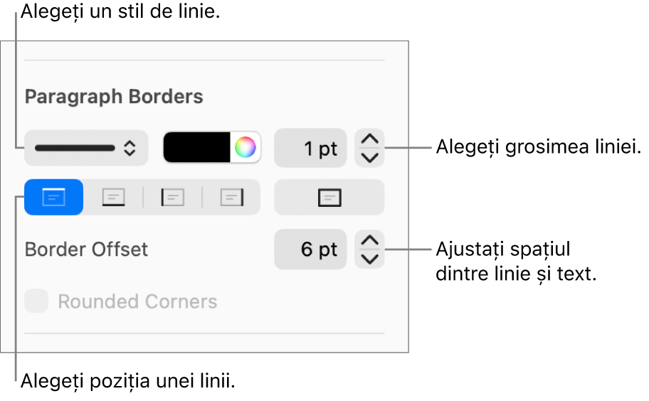 Comenzile pentru schimbarea stilului, grosimii, poziției și culorii liniei.
