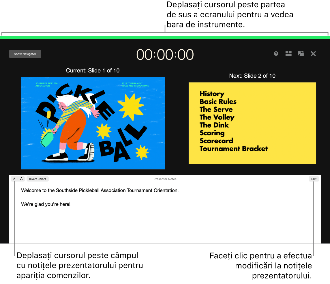 Ecranul prezentatorului din Keynote cu butoane pentru a deschide și a închide navigatorul de diapozitive și opțiuni de afișare de‑a lungul părții de sus a ecranului. Diapozitivul curent și diapozitivul următor apar în mijlocul ecranului, iar câmpul Note prezentator în partea de jos.
