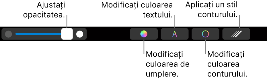 Bara Touch Bar din MacBook Pro, cu comenzi pentru schimbarea opacității unei forme, a umplerii cu culoare, a culorii textului, a culorii conturului și a stilului de contur.