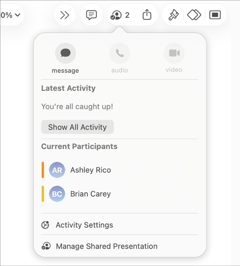 Meniul de colaborare afișând numele persoanelor care colaborează la prezentare.
