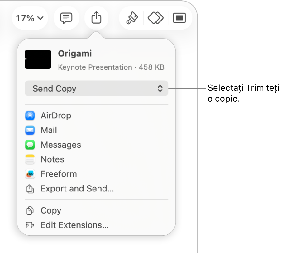 Meniul Partajează, cu opțiunea Trimite o copie selectată în partea de sus.