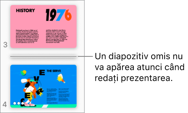 Navigatorul de diapozitive cu un diapozitiv omis, afișat ca linie orizontală.