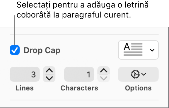 Caseta de validare Letrină coborâtă este selectată și un meniu pop-up apare în dreapta acesteia; comenzile pentru configurarea înălțimii liniei, a numărului de caractere și alte opțiuni apar sub aceasta.